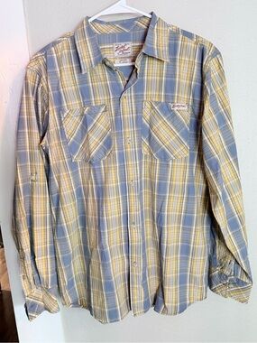 Lucky Brand Western Tan Blue Plaid Long Sleeve XL